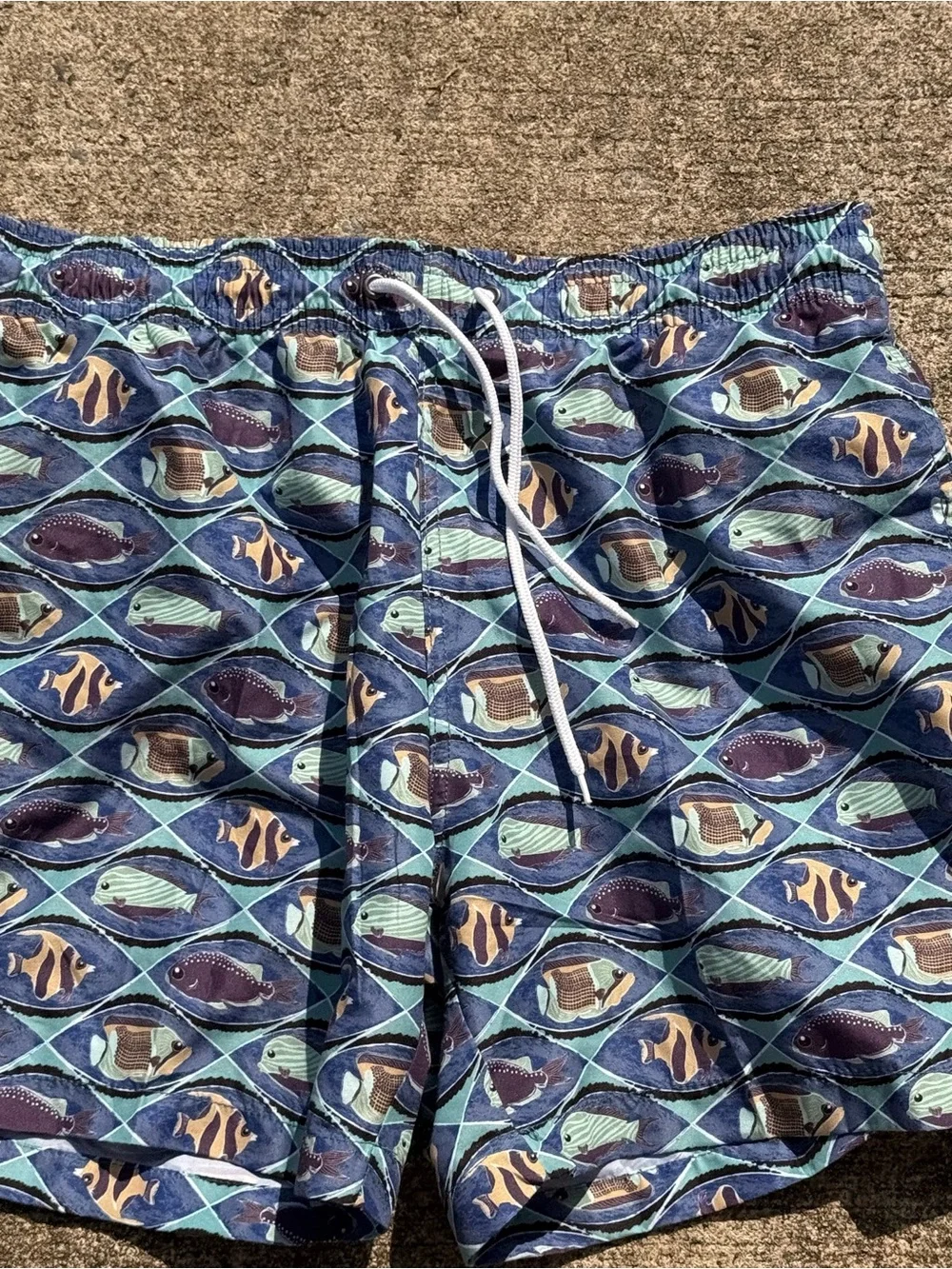 Vintage 90s Trunks Men's Blue Fish-Print Swim Trunks
